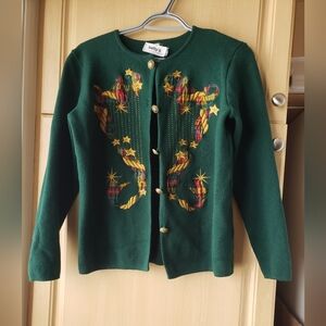 Betty's Dark Green 100% Wool Embroidered Crewneck Cardigan